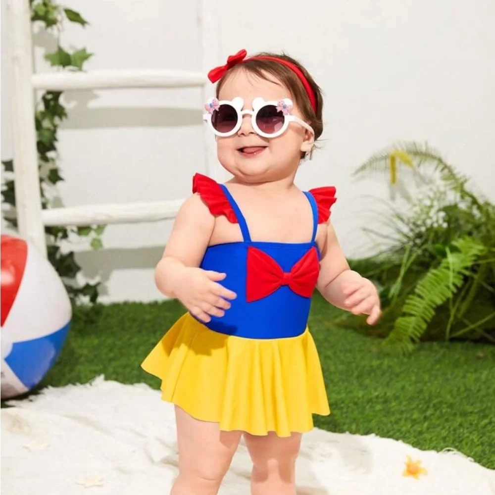 Disney Girls Snow Princess Swimdress One-piece Swim Dress Bowknot Bathing Suit